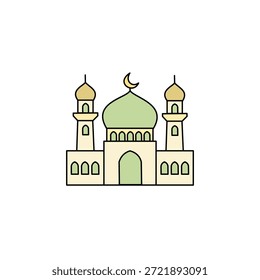 Einfache, saubere Illustration einer Moschee mit Minaretten und Halbmond. Helle, pastellfarbene Farben auf weißem Hintergrund. Minimalistisches Design, geeignet für verschiedene kulturelle oder religiöse Themen.