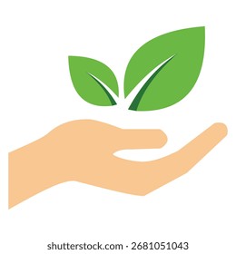 Una ilustración simple y limpia de una palma abierta que acuna suavemente dos hojas verdes vibrantes, que representan el crecimiento, el cuidado y la crianza de la naturaleza.