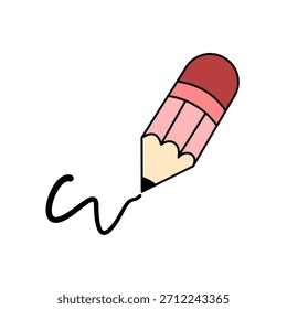 Ilustración simple y limpia de un lápiz rosa y rojo dibujando una línea curva. Diseño minimalista sobre fondo blanco. Ideal para la educación, la creatividad o los conceptos de diseño.