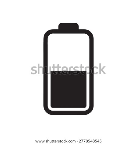 A simple, clean illustration of a rectangular battery icon with a black outline and fill. The top half is empty, while the bottom half is filled in black, indicating a half-charge level. The design is.