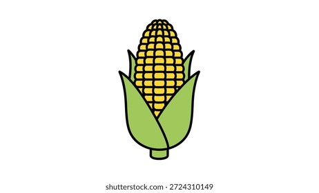 Una ilustración simple y limpia de una mazorca de maíz madura con cáscaras verdes, aislada sobre un fondo blanco.