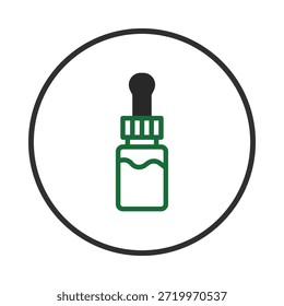 Una ilustración simple y limpia muestra una botella con un gotero, lo que sugiere salud, bienestar o medicina alternativa. El color verde evoca la naturaleza y los productos orgánicos, mientras que el marco circular
