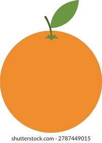 A simple, clean illustration of a single, ripe orange with a green leaf and stem.