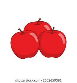 A simple, clean illustration of three bright red apples with brown stems, arranged in a cluster against a pure white background. The apples have a glossy sheen, suggesting freshness and ripeness.