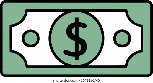 Simple and clean illustration of a vibrant green dollar bill, symbolizing cash, finance, and financial transactions. Ideal for banking apps, financial services, budget planning, or business concepts.