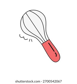 Simple, clean illustration of a whisk. Red handle, white wires. Minimalist style. Cooking utensil. Isolated on white. Vector graphic. Food preparation concept.