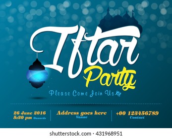 Simple and clean Invitation Card design with illustration of light, lamp, and calligraphy for Islamic holy month of fasting, Ramadan Kareem, If-tar Party celebration.