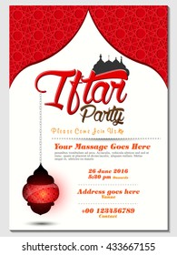 Simple and clean Invitation Card design with illustration of light, lamp, and calligraphy for Islamic holy month of fasting, Ramadan Kareem, If-tar Party celebration.