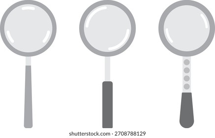 Eine einfache, saubere und isolierte Kollektion von drei stilisierten Lupengläsern mit verschiedenen Griffdesigns, perfekt als Icons für Such-, Such- oder Zoomfunktionen