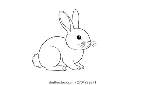 Arte de línea simple y limpia de un conejo lindo sentado atentamente para una página de libro para colorear divertida y fácil de temática animal.