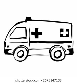 A simple and clean line art drawing of an ambulance, featuring a stylized silhouette of the emergency vehicle, isolated on white background.