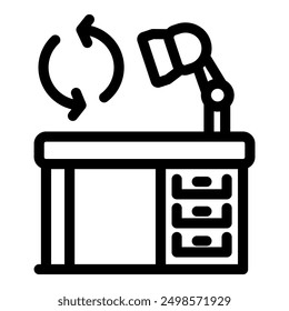 Simple clean line art icon of an office desk with an adjustable lamp shining on it with an update symbol above