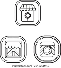 Um simples, ícone de arte de linha limpa de uma vitrine com um toldo listrado e um sinal circular, apresentado em silhueta.
