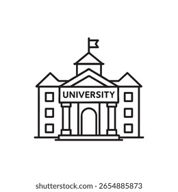 A simple, clean line art icon of a classic university building. The features columns, a prominent entrance, multiple windows, and a flag atop the central structure, symbolizing education and academia.