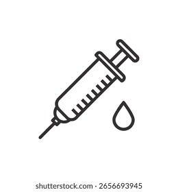 Un icono de arte lineal simple y limpio de una jeringa con una gota de líquido, aislado sobre un fondo blanco. Ideal para conceptos médicos o científicos.