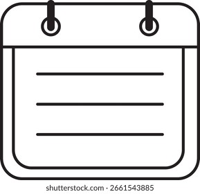 Simple, clean line art icon of a notepad or calendar page with horizontal lines for writing, attached with two rings.
