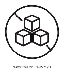 Um ícone de arte de linha simples e limpo que representa três cubos de açúcar dentro de um círculo com uma linha diagonal através dele, indicando uma proibição.
