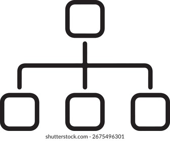 Icono de arte lineal simple y limpio que representa una estructura jerárquica o un organigrama con un nodo central y tres subnodos.
