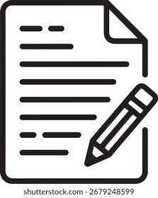 Un icono de arte lineal simple y limpio de un documento con líneas de texto y un lápiz, que representa la escritura o la edición.