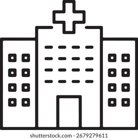 Simples, ícone de arte de linha limpa de um moderno edifício hospitalar com uma cruz proeminente no topo.
