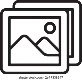 Icono de arte lineal simple y limpio que representa una pila de fotografías o Imágenes de paisajes enmarcados.