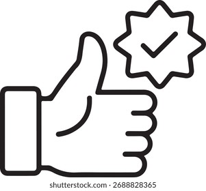 A simple, clean line art icon of a hand giving a thumbs up with a checkmark badge, symbolizing approval and success.
