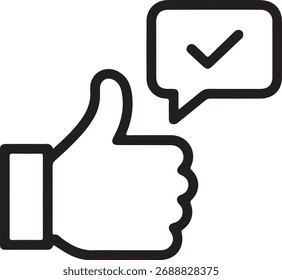Ein einfaches, sauberes Linienkunstsymbol, das ein Daumen-nach-oben-Symbol neben einer Sprechblase mit einem Häkchen darstellt, das eine Genehmigung, eine Zustimmung oder eine positive Rückmeldung darstellt.