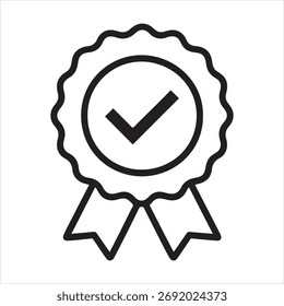 A simple, clean line art icon of a rosette medal with a checkmark inside, symbolizing quality and approval.