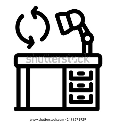 Simple clean line art icon of an office desk with an adjustable lamp shining on it with an update symbol above