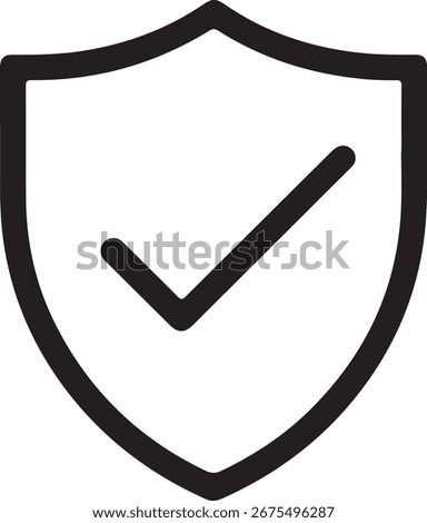 A simple, clean line art icon of a shield with a checkmark inside, symbolizing security, protection, and approval.