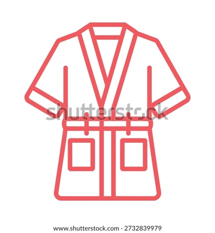 A simple, clean line art icon of a coral pink bathrobe with a belt and pockets. The robe is depicted with short sleeves and a wide lapel, suggesting comfort and relaxation.