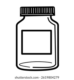 A simple, clean line art illustration of a medicine bottle with a cap and a blank label, ready for customization.