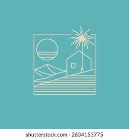 Simple and clean line art illustration of a serene rural scene with house, palm tree, and geometric farmland. Great for eco-friendly designs, real estate, or travel concepts.