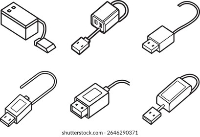 Uma ilustração simples e limpa da arte da linha de uma unidade flash USB com uma manilha aberta, apresentada em um estilo silhueta.