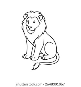 A simple, clean line art illustration of a majestic lion sitting regally. The lion is depicted in profile with a prominent mane, alert eyes, and a calm expression, on a white background.