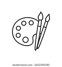 Uma ilustração de arte de linha simples e limpa da paleta de um artista com vários poços de tinta circulares e dois pincéis, simbolizando criatividade e expressão artística.