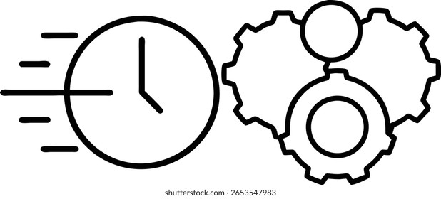 A simple, clean line art illustration of a clock with motion lines and three interlocking gears, symbolizing time and mechanics.