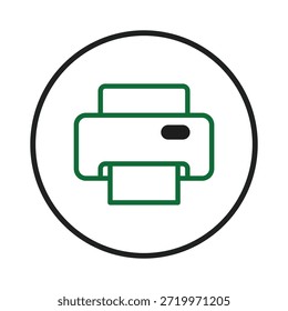 Una ilustración de arte lineal simple y limpia de un icono de impresora, que simboliza la salida de documentos y el equipo de oficina. El diseño moderno y minimalista presenta líneas verdes sobre un fondo blanco,