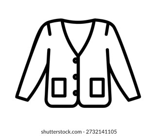 A simple, clean line art illustration of a cardigan sweater with two front pockets and buttons.