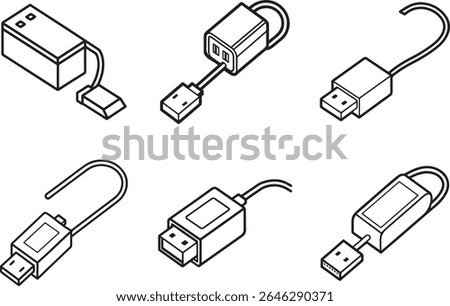 A simple, clean line art illustration of a USB flash drive with an open shackle, presented in a silhouette style.