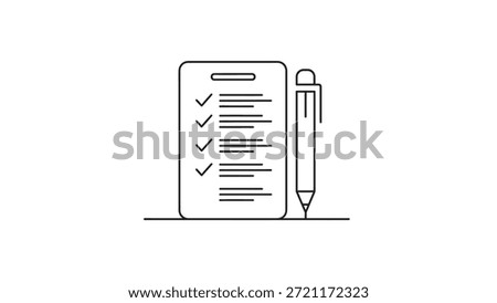 A simple and clean line art illustration depicting a checklist with items marked off and a pen beside it, symbolizing task management and organization in a minimalistic style suitable for