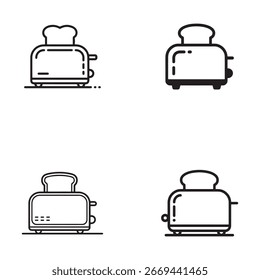 Ilustrações de quatro torradeiras, cada uma com uma fatia de pão torrado.