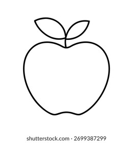  Un dibujo de línea simple y limpio de una manzana con dos hojas, aislado sobre un fondo blanco.