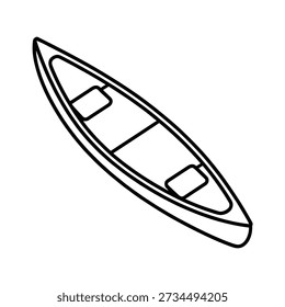 Un dibujo de línea simple y limpio de una canoa, visto desde un ángulo ligeramente elevado, destacando su forma elegante y alargada y los asientos interiores.
