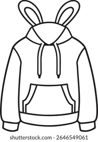 A simple, clean line drawing of a child's hoodie with attached bunny ears. This playful garment is presented isolated on a white background, perfect for coloring or design elements.