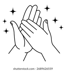 Un dibujo de línea simple y limpio representa dos manos que se unen en un movimiento de aplausos. Pequeños destellos como estrellas rodean las manos, lo que sugiere una atmósfera positiva y de celebración.