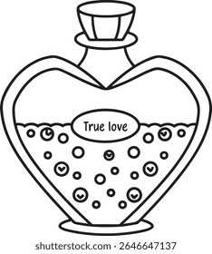 Um simples e limpo desenho de uma garrafa de poção em forma de coração rotulada "Amor verdadeiro", preenchida com líquido e pequenos círculos, simbolizando romance e afeto.