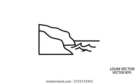 Un dibujo de línea simple y limpio que ilustra una escena costera con acantilados y olas del océano, enfatizando el minimalismo y las Formas geométricas básicas para representar paisajes naturales y características del paisaje marino en un