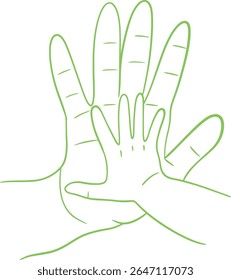 Um desenho simples e limpo de uma grande mão adulta e da mão de uma criança menor sobrepondo-se, simbolizando conexão, família e apoio. O contorno é verde vibrante sobre um fundo branco.