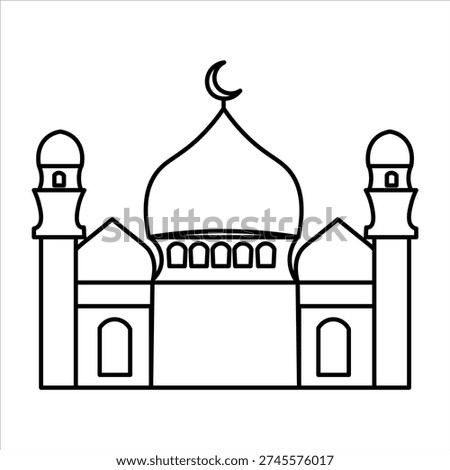 A simple, clean line drawing of a mosque with a dome and two minarets, symbolizing Islamic architecture and religious devotion.